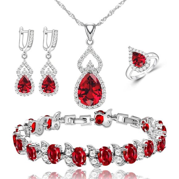 Women Jewelry Set White Gold Plated Necklace Ring Earrings Bracelet Gift - Picture 1 of 8